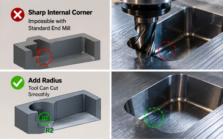 Sharp internal corners and CNC milling tool radius design issue