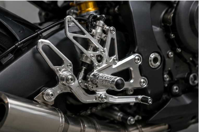 Precision CNC milled aluminum motorcycle components with anodized surface finish