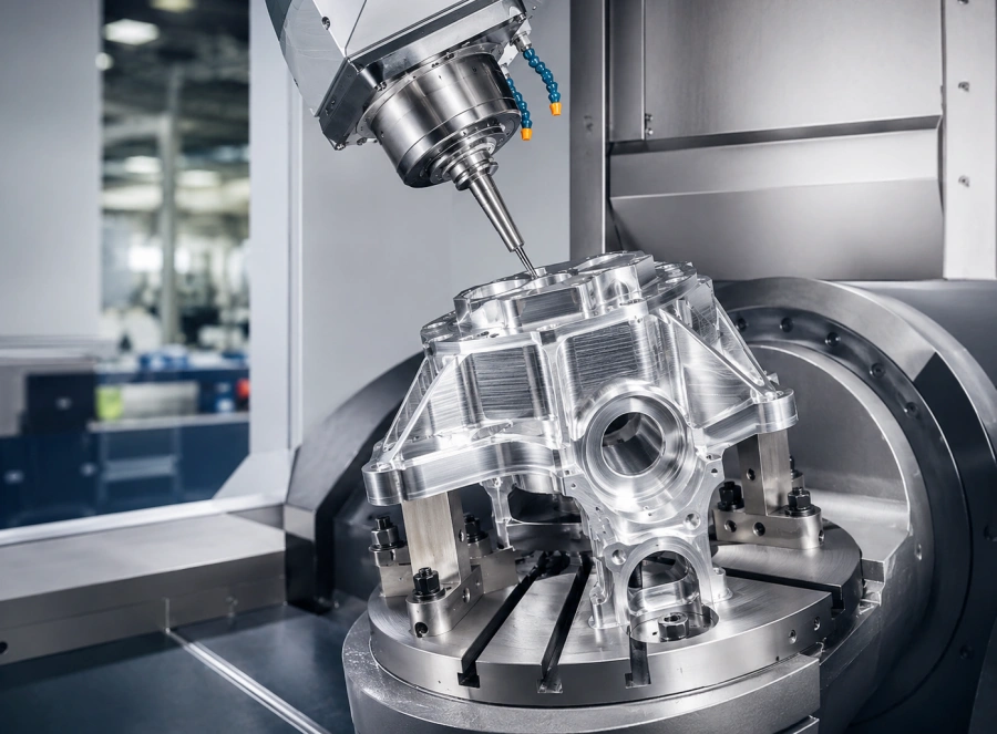 5-axis CNC machining services for complex precision parts with angled features curved surfaces and multi-sided geometry