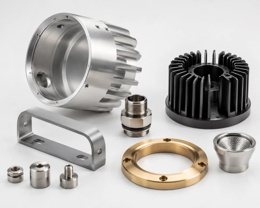 CNC machined custom lighting fixture components including aluminum housings brackets and decorative metal parts