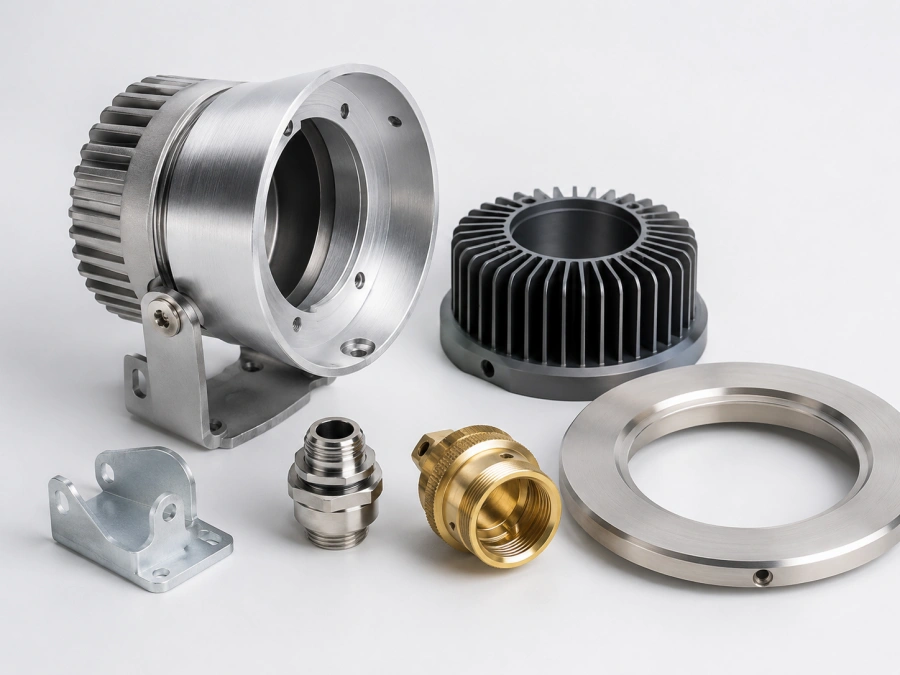 Custom CNC machined lighting fixture parts including aluminum lamp housings and brass lighting components