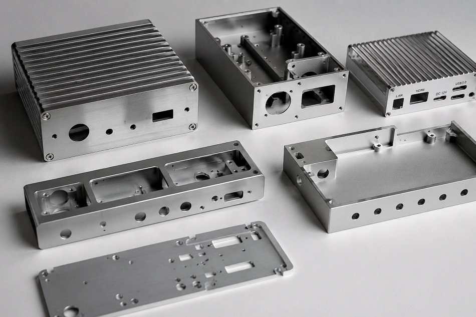 CNC machined aluminum electronics enclosure with precision connector openings