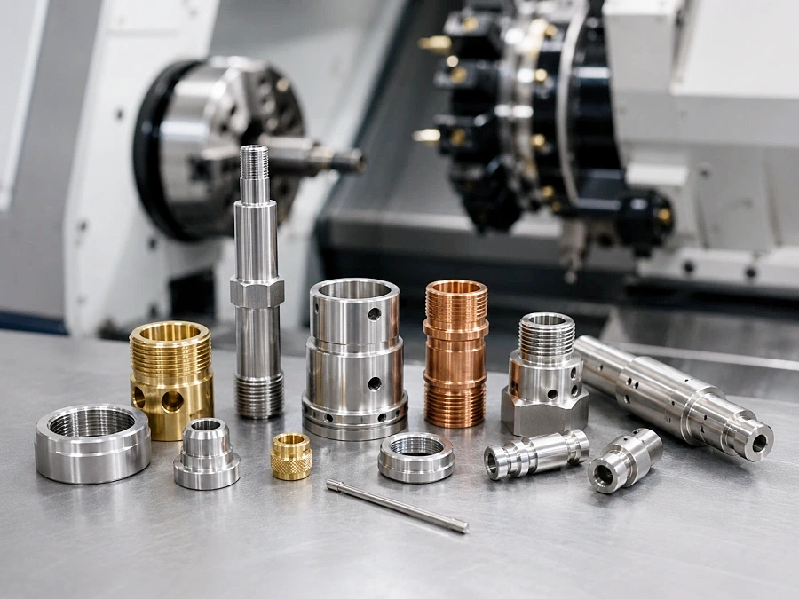 Custom CNC turned parts including shafts bushings threaded components and precision metal sleeves