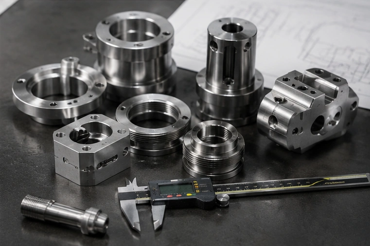 Finished stainless steel CNC parts inspection for industrial equipment