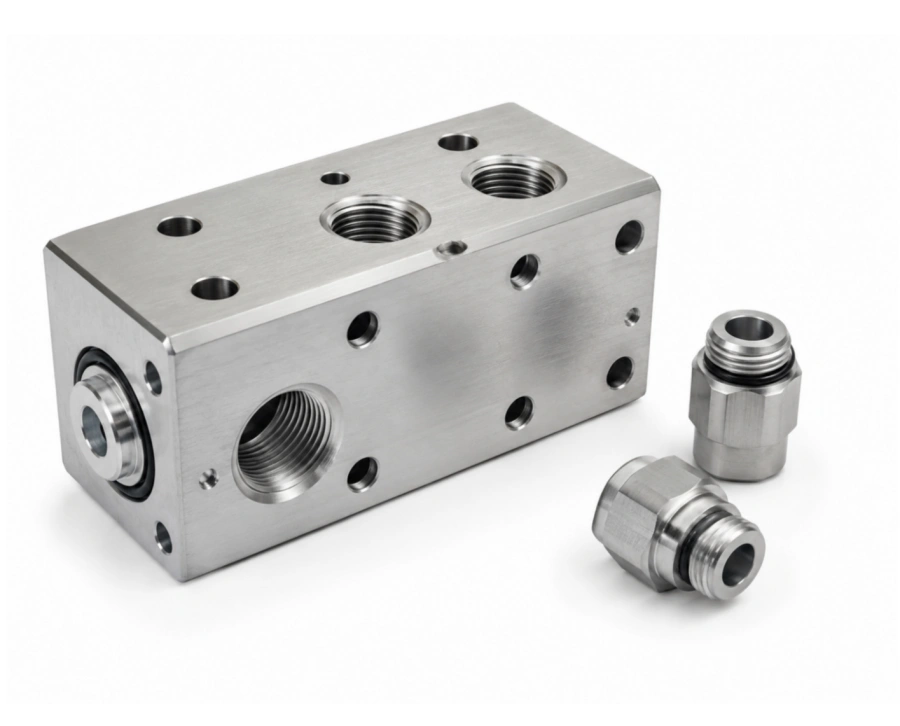 CNC machined aluminum manifold block with threaded ports
