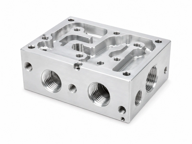 CNC machined aluminum fluid manifold