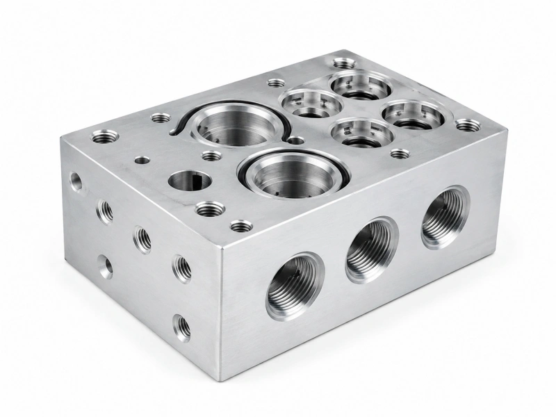 Aluminum valve manifold block with O-ring grooves