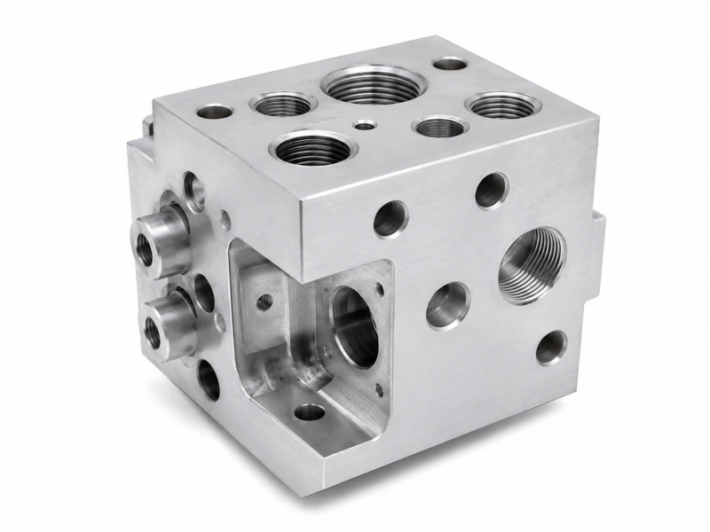 Custom aluminum distribution block with threaded ports