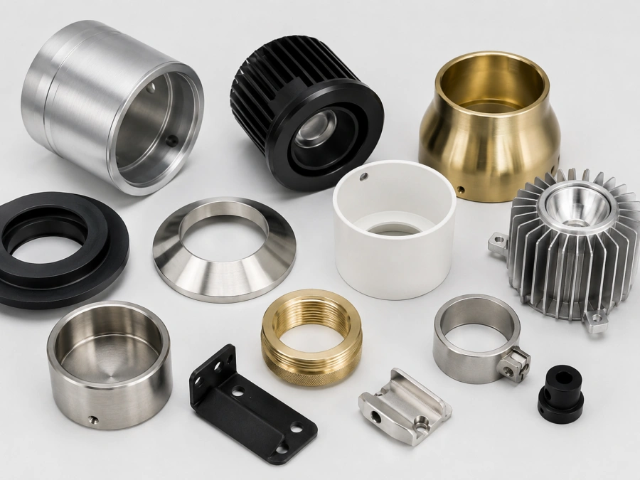 Surface finishes for CNC machined lighting fixture parts including anodized brushed polished and plated metal components