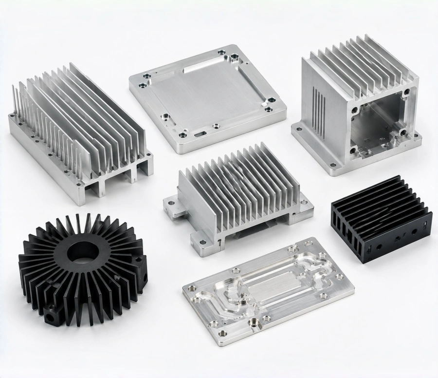 Custom aluminum heat sink CNC machining with cooling fins and flat thermal mounting surface