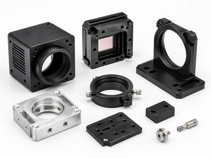 Black anodized camera and sensor components for optical machine vision assemblies