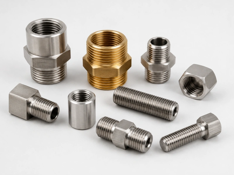 CNC turned threaded parts fittings and connectors with internal and external threads