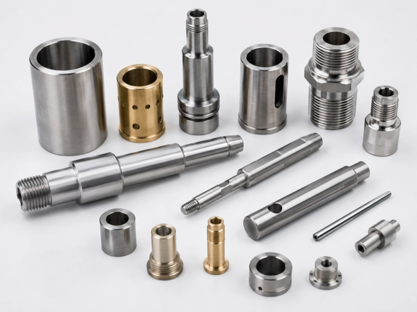 Custom CNC turned parts including shafts bushings sleeves pins spacers and threaded fittings
