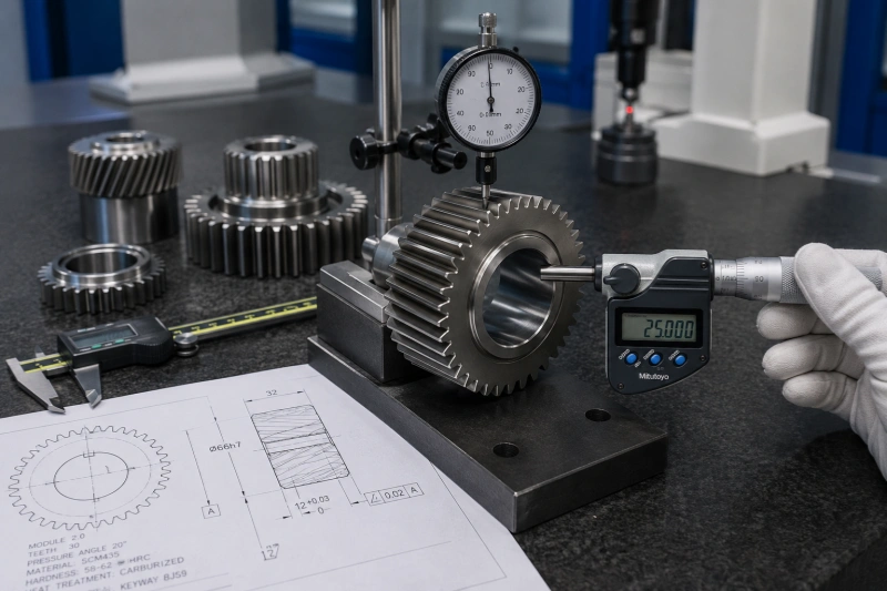Gear machining tolerance inspection for custom CNC gears including bore keyway runout concentricity and tooth profile