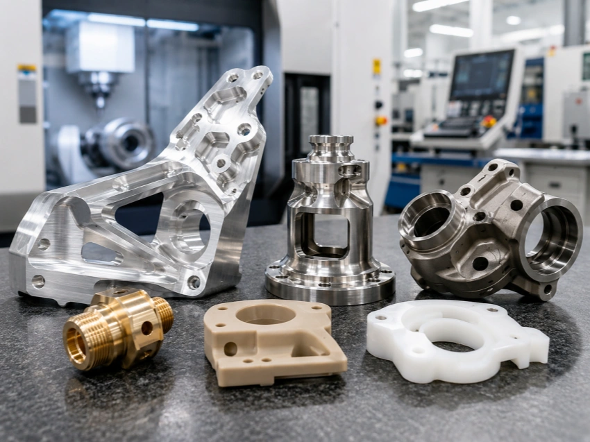 Materials for 5-axis CNC machining including aluminum stainless steel titanium brass copper steel and engineering plastics