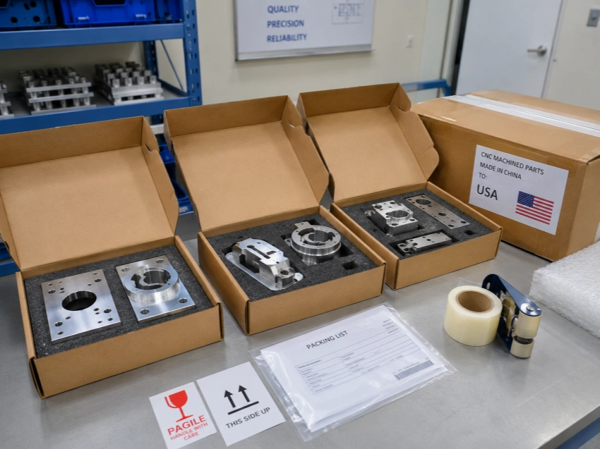 CNC machined parts packed for shipping from China to the USA