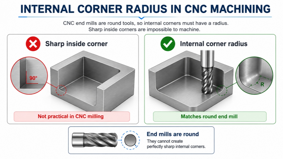 CNC machining internal corner radius compared with sharp corner