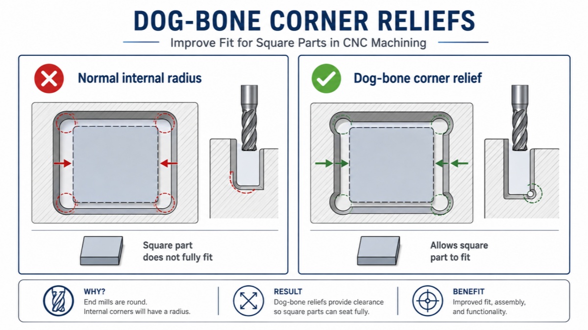 CNC dog bone corner relief compared with normal internal radius