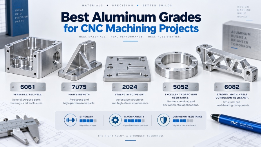 Common aluminum grades for CNC machining including 6061 7075 2024 5052 and 6082
